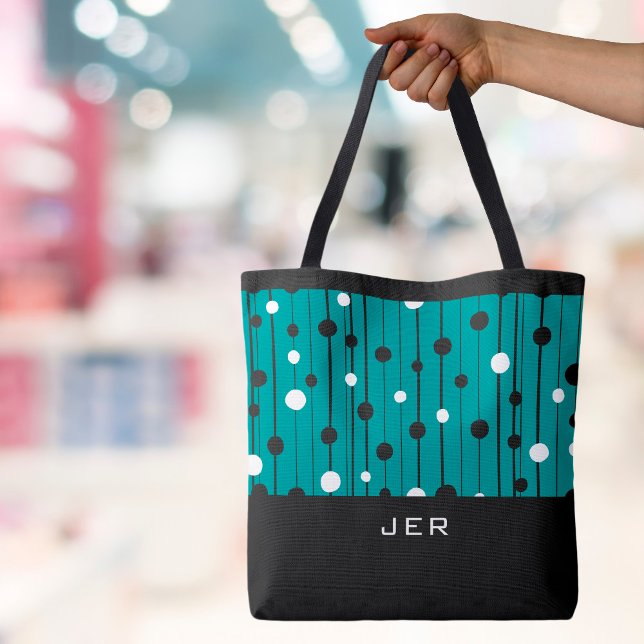 Monogram Abstrakt Circles Linjer Black White Teal Tygkasse (Monogrammed Initials or Name Abstract Circles Lines Teal Green Black White Canvas Shopping Tote Bag)