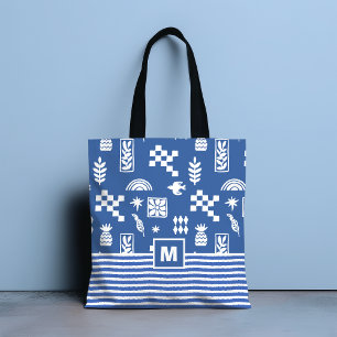 Monogram Abstrakt Geometric Bird Blommigt Blue Tygkasse