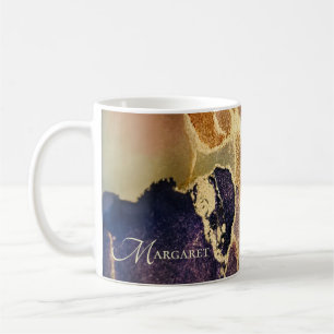 Monogram Abstrakt Guld Tan Lila Art Kaffemugg