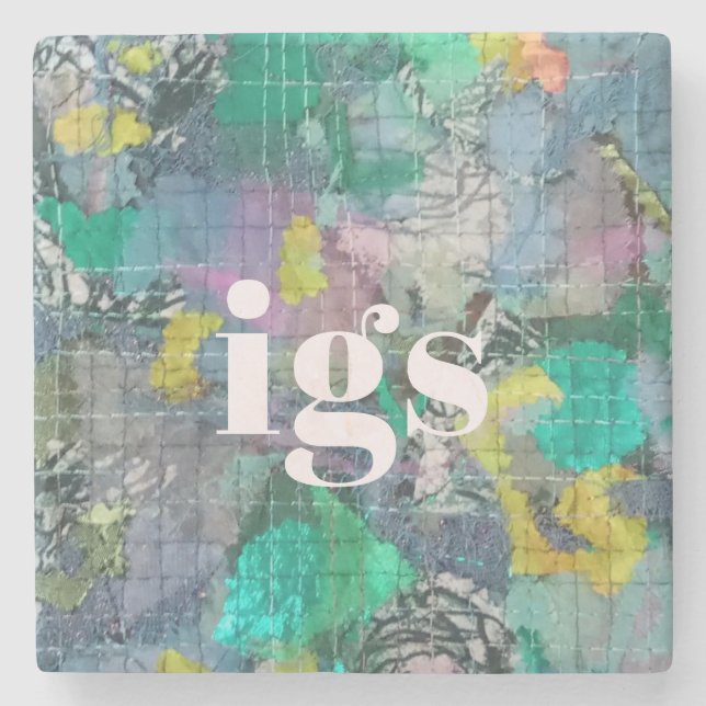 Monogram abstrakt mönster grönt blått grått stenunderlägg (Framsidan)