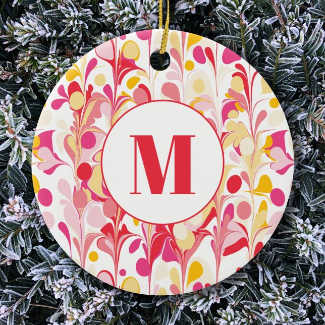 Monogram Abstrakt Retro Marble Mönster Julgransprydnad Keramik (Retro marble pattern monogram initial personalized ceramic ornament)
