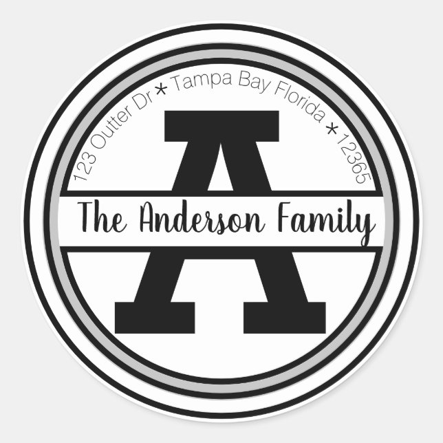 Monogram Adress Runt Klistermärke (Framsida)