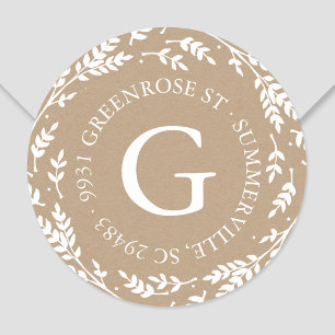 Monogram Adress Sticker, rustik krans Runt Klistermärke