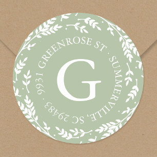 Monogram Adress Sticker, rustik krans Runt Klistermärke