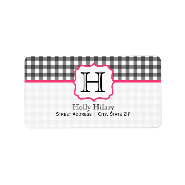 Monogram-adressetikett - Grått Gingham och Rosa Adressetikett (Framsidan)