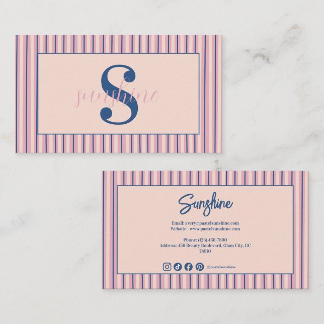 Monogram affärsverksamhet i rosa randig boutique visitkort (Fram/baksida)
