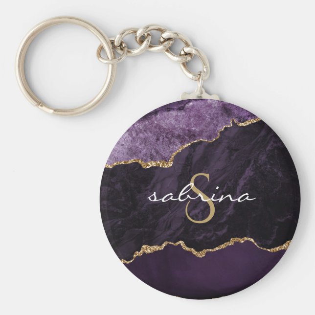 Monogram Agat Geod Lila Guld Nyckelring (Framsidan)