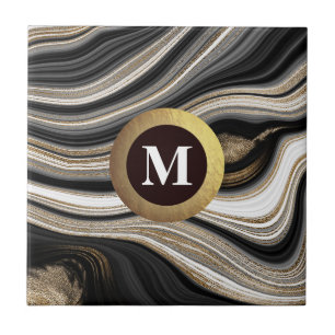 Monogram agate Black white guld Kakelplatta