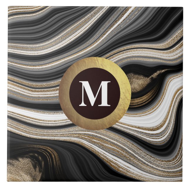 Monogram agate Black white guld Kakelplatta (Framsidan)