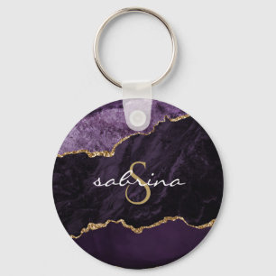 Monogram Agate Geode Lila Guld Nyckelring