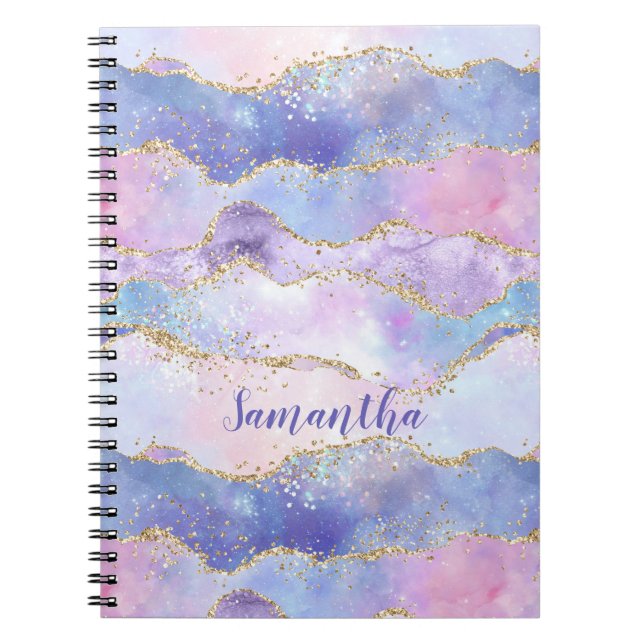 Monogram Agate Glitter Trendig Blå Rosa Lila Anteckningsbok (Framsidan)