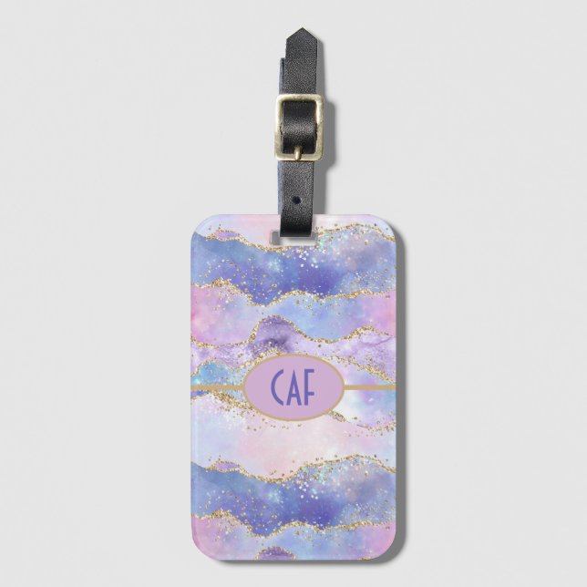 Monogram Agate Glitter Trendig Blå Rosa Lila Bagagebricka (Framsida vertikal)