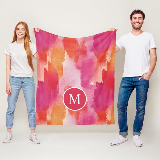 Monogram akvarell rosa orange abstrakt fleecefilt (På plats)