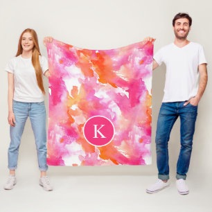 Monogram akvarell rosa orange abstrakt fleecefilt