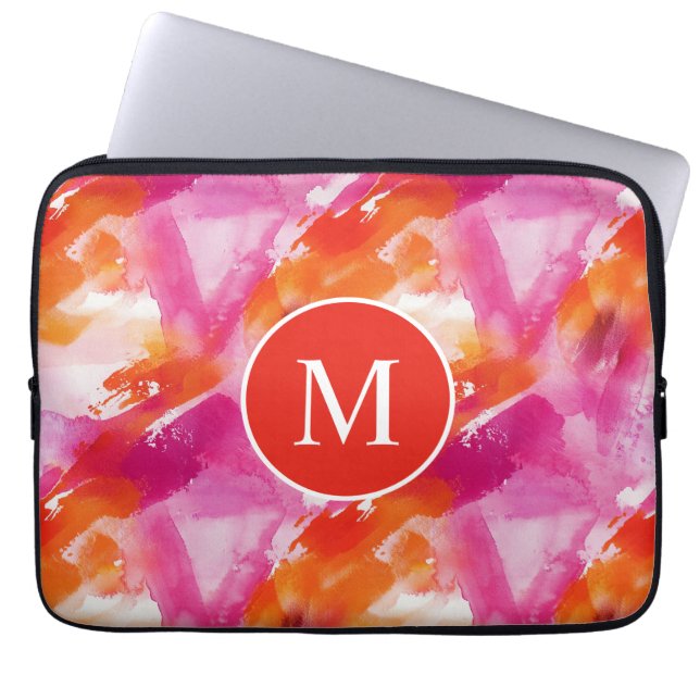 Monogram Akvarell Rosa Orange Abstrakt Laptop Fodral (Framsidan)