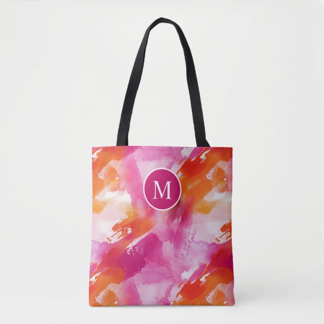 Monogram Akvarell Rosa Orange Abstrakt Tygkasse (Framsida)