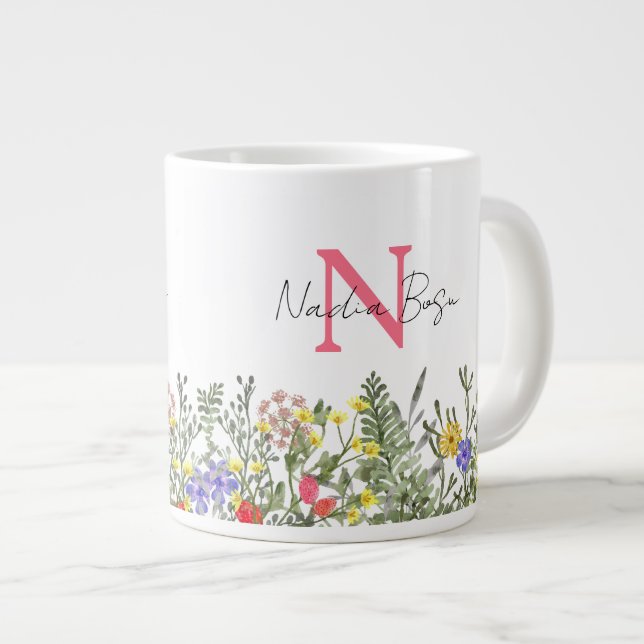 Monogram akvarell vildblomma äng blomkruka jumbo mugg (Framsida höger)
