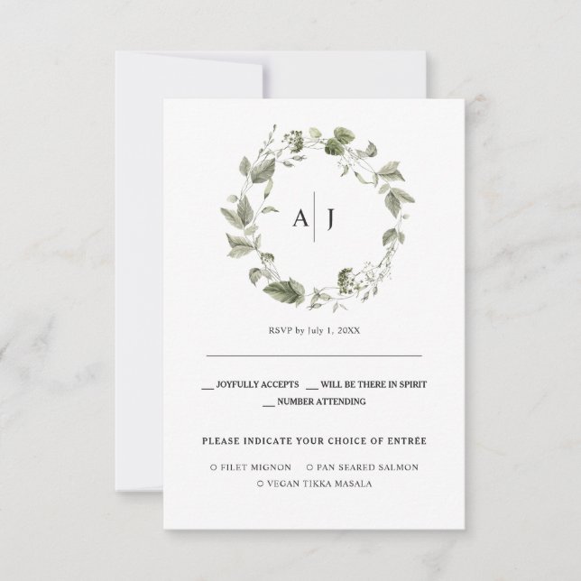 Monogram | Akvarellgrönska Bröllops-RSVP Meddelande (Framsida)