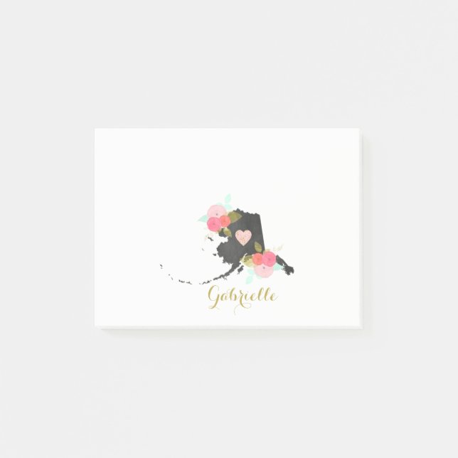 Monogram Alaska State Akvarell Blomma & Hjarta Post-it Block (Framsida)
