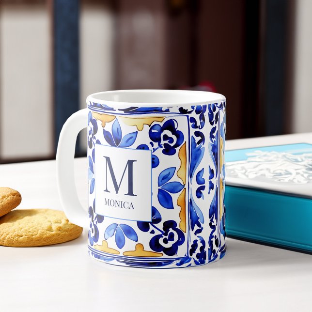 Monogram Amalfi Vietri italienska blå kakelgåvor Kaffemugg (Monogram Amalfi Vietri Italian blue tiles bridesmaid gifts personalized Mug bridal party favors)