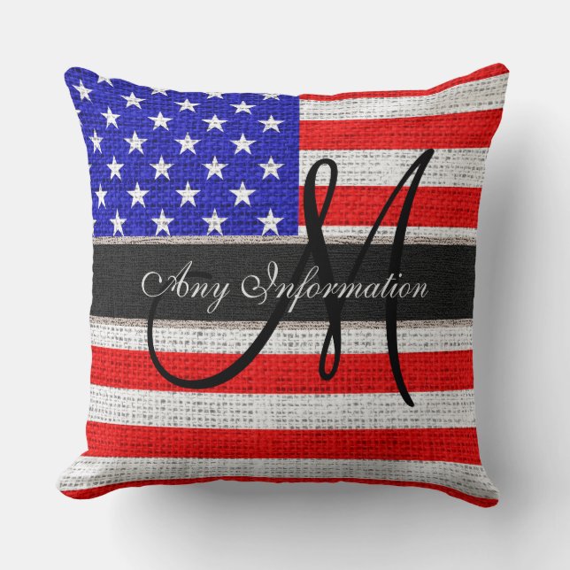 Monogram American Flagga Burlap Linen Rustic Jute Kudde (Framsida)