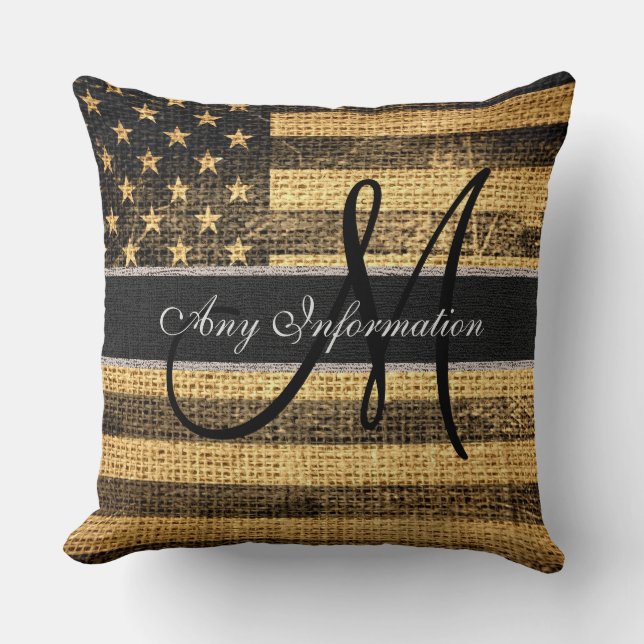 Monogram American Flagga Burlap Linen Rustic Jute  Kudde (Framsida)