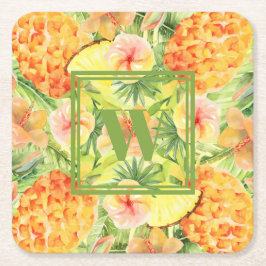 Monogram ananas Blommor Underlägg Papper Kvadrat
