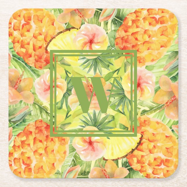 Monogram ananas Blommor Underlägg Papper Kvadrat (Framsidan)