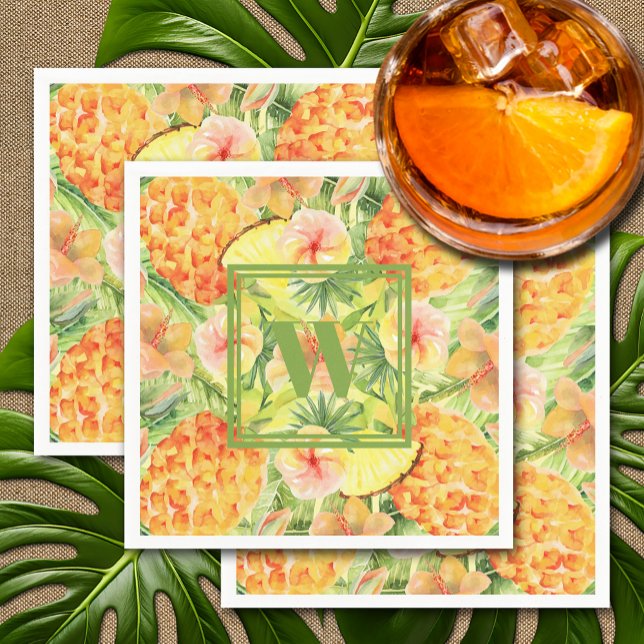 Monogram ananas Flowers Greenery Pappersservett (Monogram Pineapples Flowers Greenery Napkins)