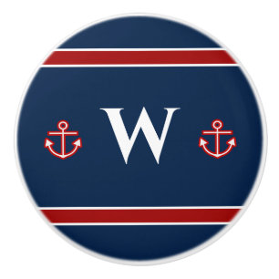 Monogram Anchor Nautical Rött vitt blått Rand Knopp