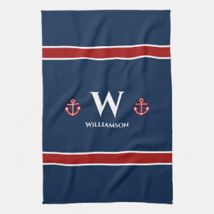 Monogram Anchor Nautical Rött vitt blått Rand Kökshandduk