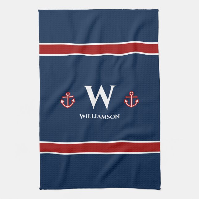 Monogram Anchor Nautical Rött vitt blått Rand Kökshandduk (Vertikal)