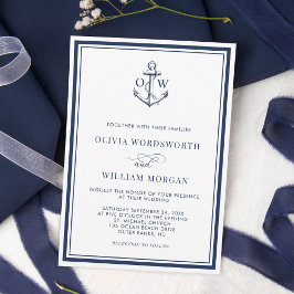 Monogram Anchor White Navy Nautical Bröllop Inbjudningar