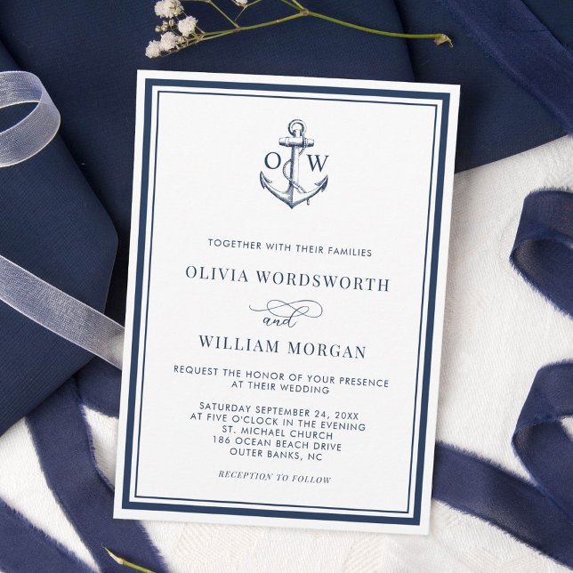 Monogram Anchor White Navy Nautical Bröllop Inbjudningar (Skapare uppladdad)