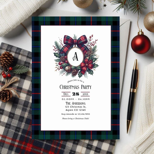 Monogram andedräkt Vintage Präglad jul Party Inbjudningar (Monogram Wreath Vintage Plaid Christmas Party Invitation)
