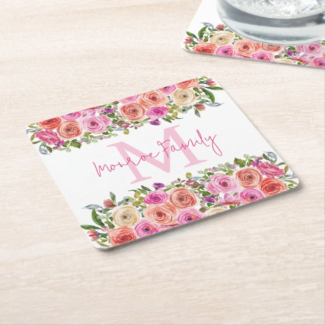 Monogram | Anpassa | Vattenfärg | Blommigt Underlägg Papper Kvadrat (Vinklad)