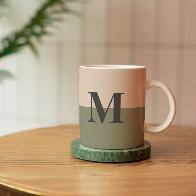 Monogram anpassad Grönt för  Rosa Kaffemugg (Pink and Sage Green Monogram Mug)