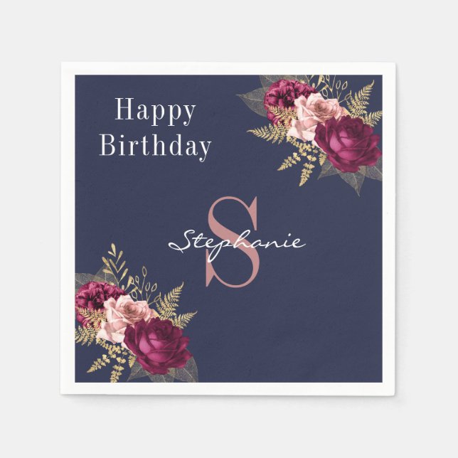 Monogram anpassat namn Burgundy Rosa Guld Blommigt Pappersservett (Framsidan)