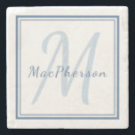 Monogram Anpassningsbar Blue Text Marble Stone Und Stenunderlägg<br><div class="desc">Denna utformning inspireras av havets färg och kan vara personlig med ert monogram och namn. Typografin är inställd i ett populärt handskrivet skriptteckensnitt i blått och blått grått,  och texten omges av två blå gräns. Du kan ändra alla färger och textstorlekar på menyn Redigera.</div>