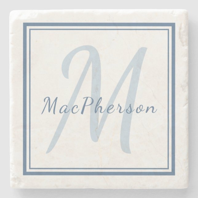 Monogram Anpassningsbar Blue Text Marble Stone Und Stenunderlägg (Framsidan)