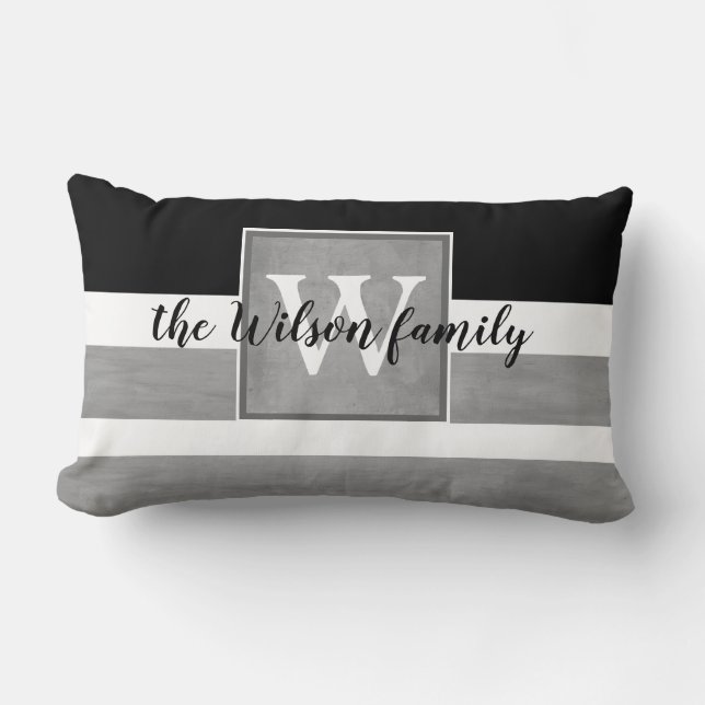 monogram anpassningsbar grått och vitt rand lumbarkudde (Framsida)