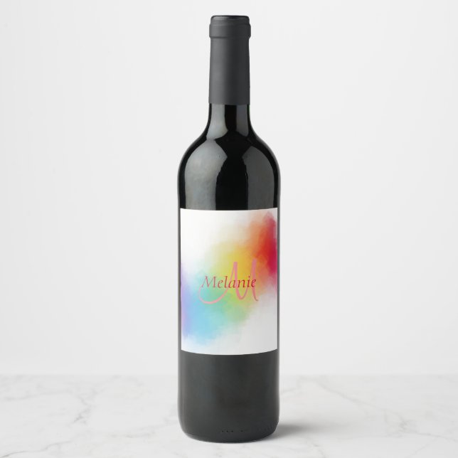 Monogram-Anpassningsbar Modern Rainbow-Abstrakt Vinflaska Etikett (Framsida)