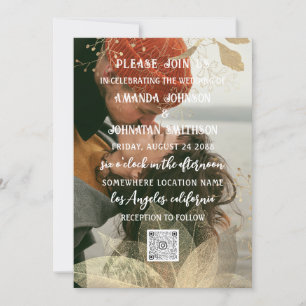 Monogram Anpassningsbar Photo QR Code Golden Linen Inbjudningar