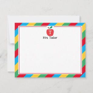 Monogram Apple Colorful Cute Teacher Stationery Anteckningskort