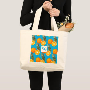 Monogram Aqua Blå Ananas Apelsin Frukt Mönster Jumbo Tygkasse