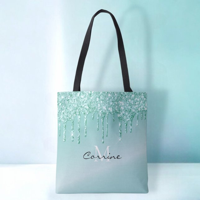 Monogram Aqua Blå Droppande Glitter Metallisk Namn Tygkasse (Skapare uppladdad)