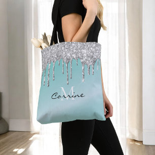 Monogram Aqua Blå + Silver Droppande Glitter Namn Tygkasse
