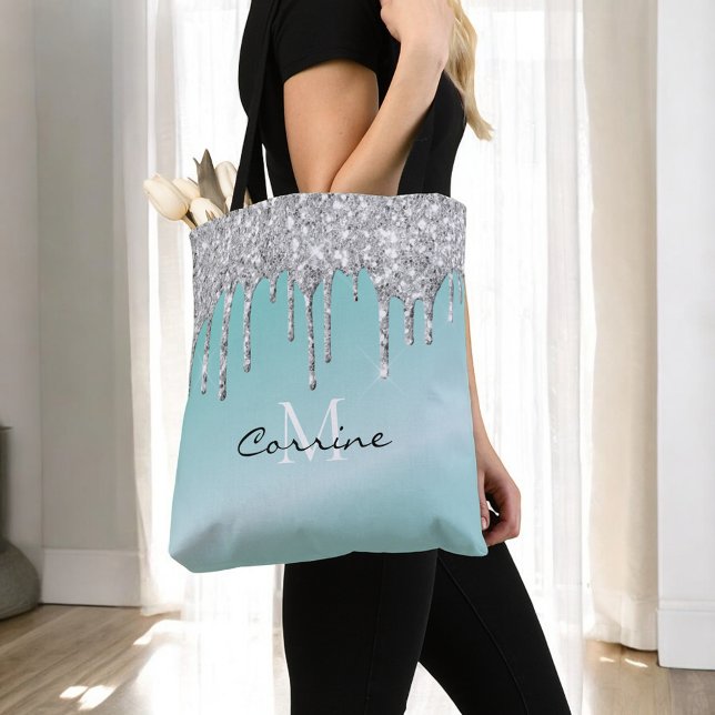 Monogram Aqua Blå + Silver Droppande Glitter Namn Tygkasse (Skapare uppladdad)