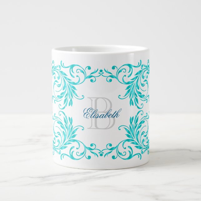 Monogram Aqua Blue Damask Jumbo Mugg (Framsidan)