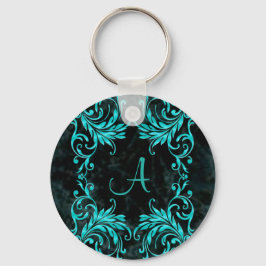 Monogram Aqua Blue Damask Nyckelring